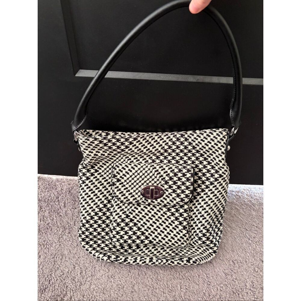 Talbots Houndstooth Bucket Bag Turnlock Top Handle Cotton Body and Leather Trim